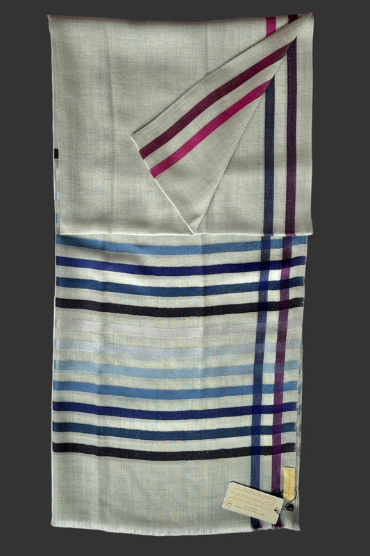 Light Blue coloured Wool-Silk Stole with Rainbow Edge