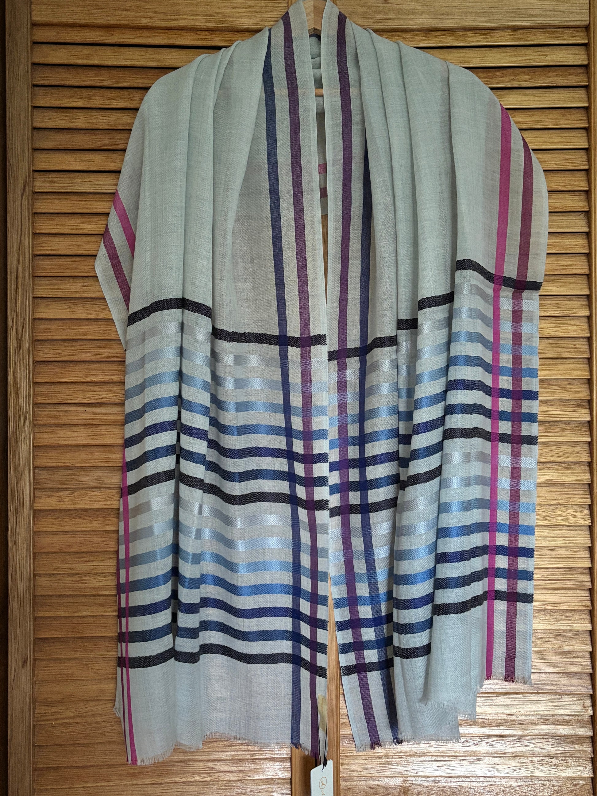 Light Blue coloured Wool-Silk Stole with Rainbow Edge