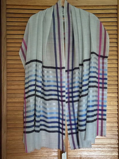 Light Blue coloured Wool-Silk Stole with Rainbow Edge