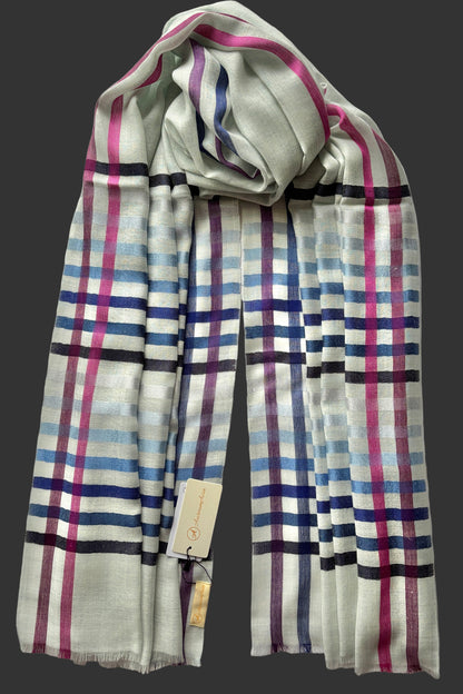 Light Blue coloured Wool-Silk Stole with Rainbow Edge