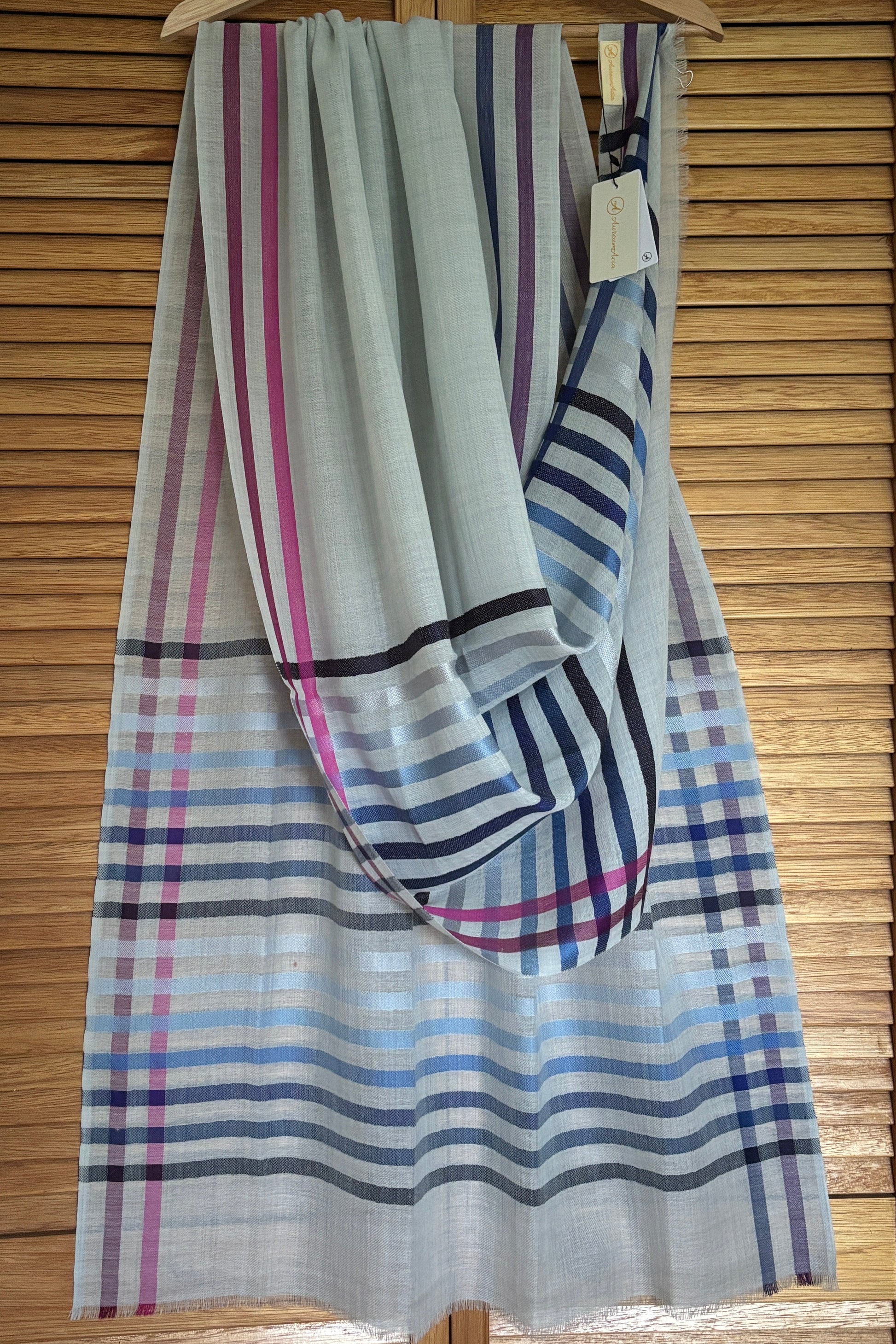 Light Blue coloured Wool-Silk Stole with Rainbow Edge