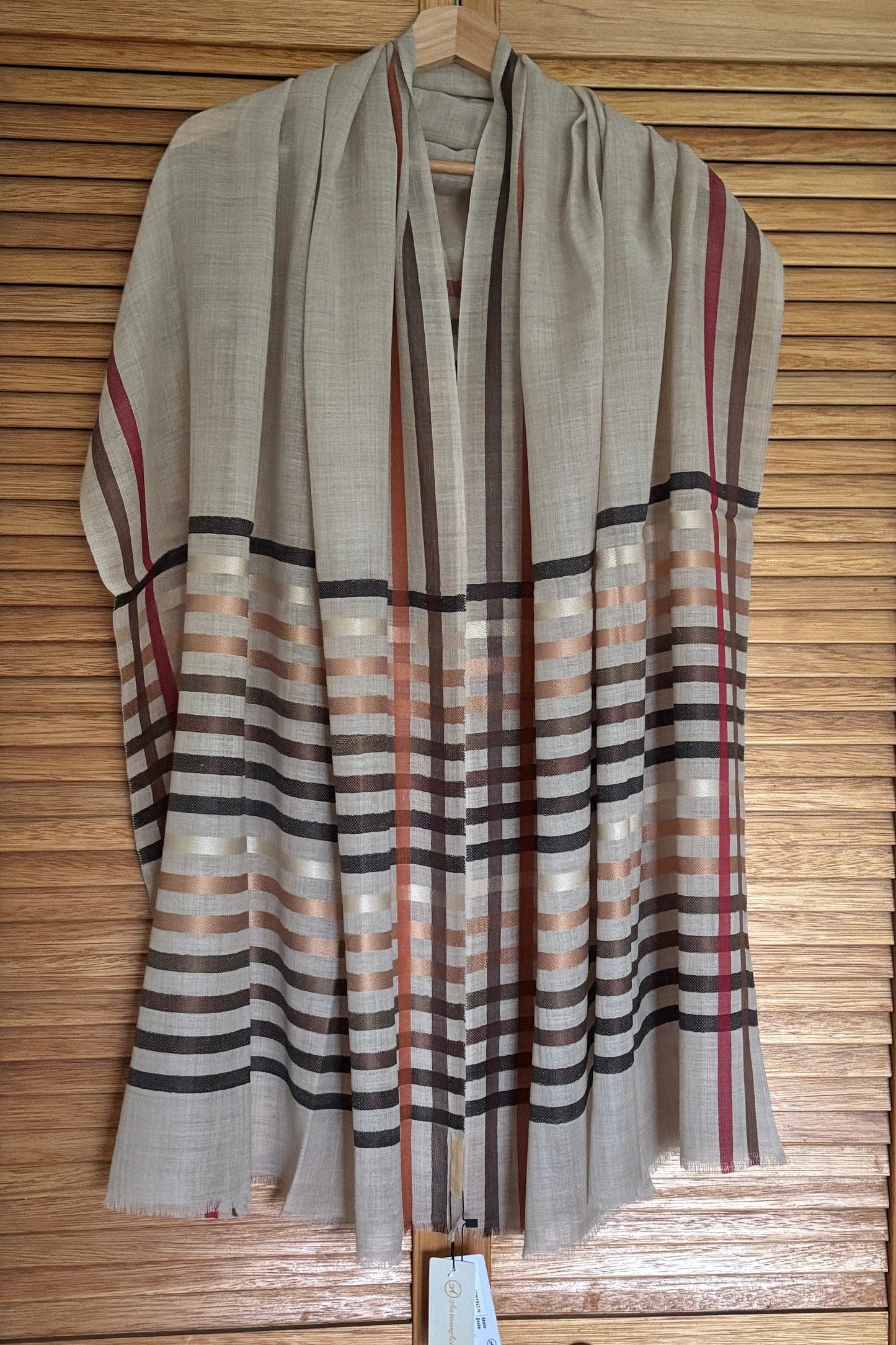 Light Brown coloured Wool-Silk Stole with Rainbow Edge