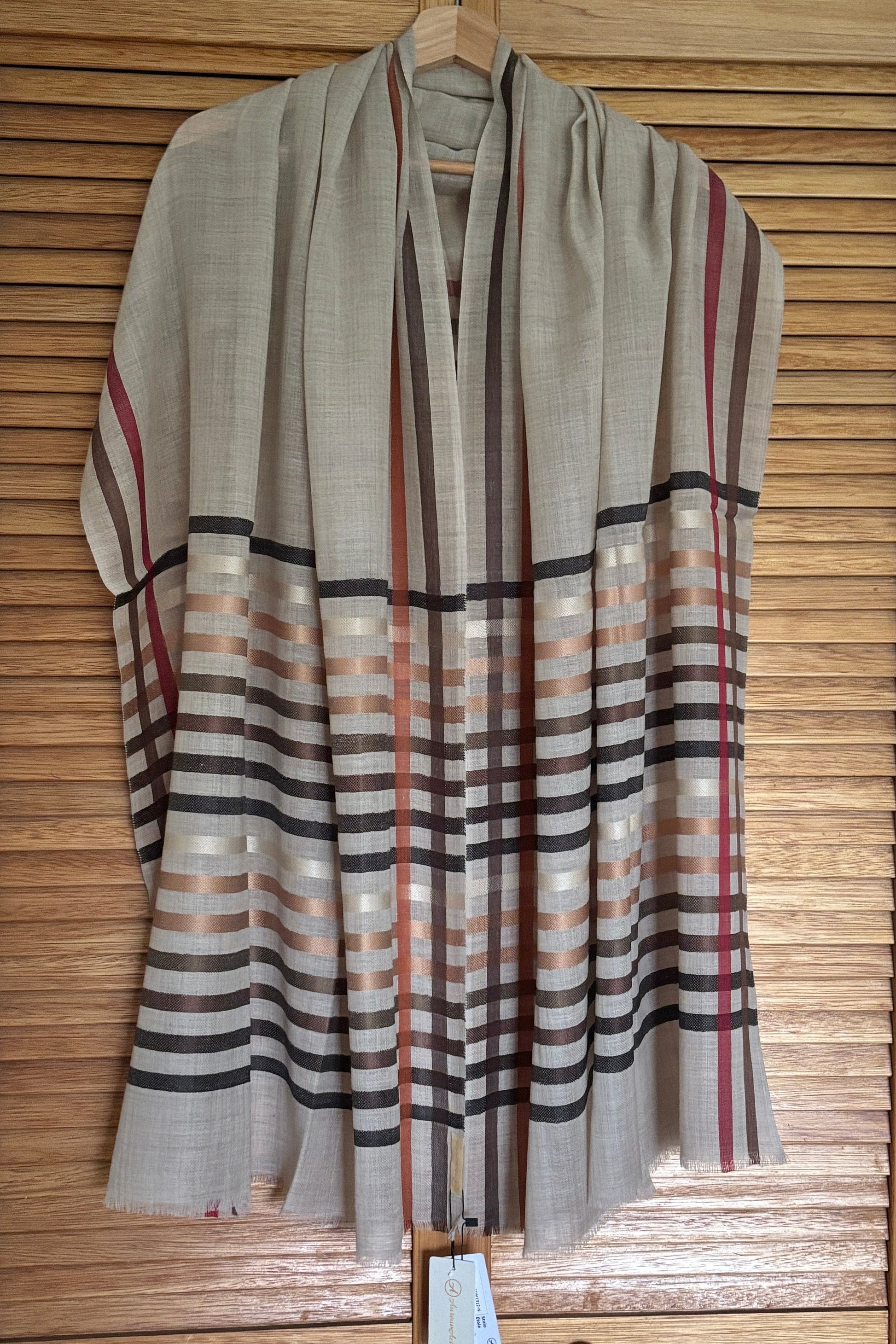 Light Brown coloured Wool-Silk Stole with Rainbow Edge