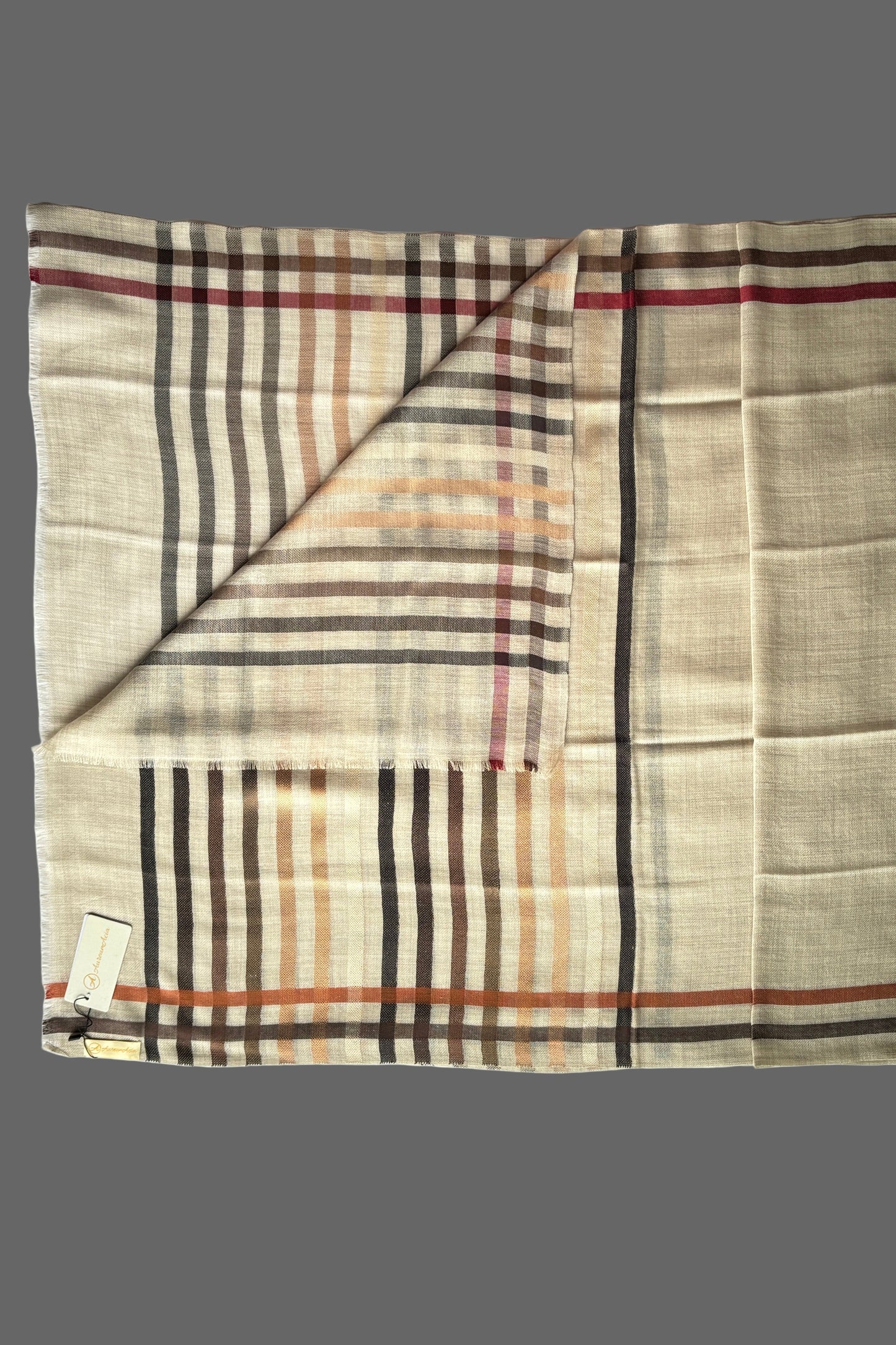 Light Brown coloured Wool-Silk Stole with Rainbow Edge