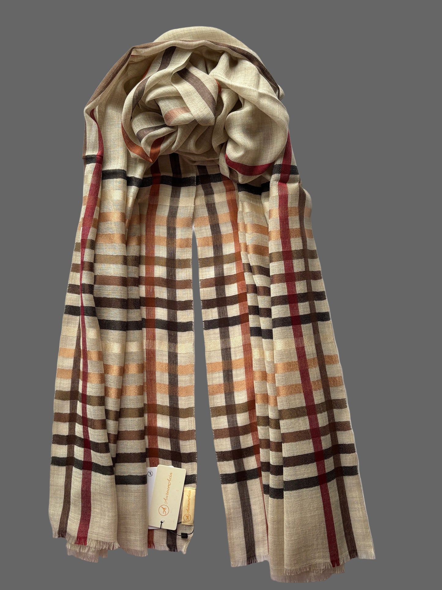 Light Brown coloured Wool-Silk Stole with Rainbow Edge