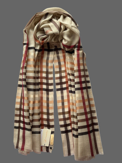 Light Brown coloured Wool-Silk Stole with Rainbow Edge