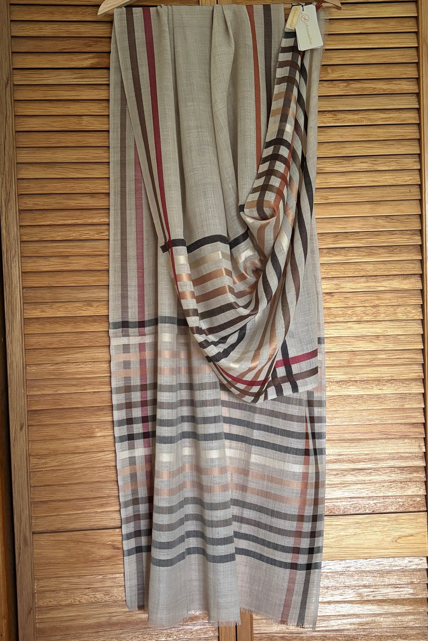 Light Brown coloured Wool-Silk Stole with Rainbow Edge