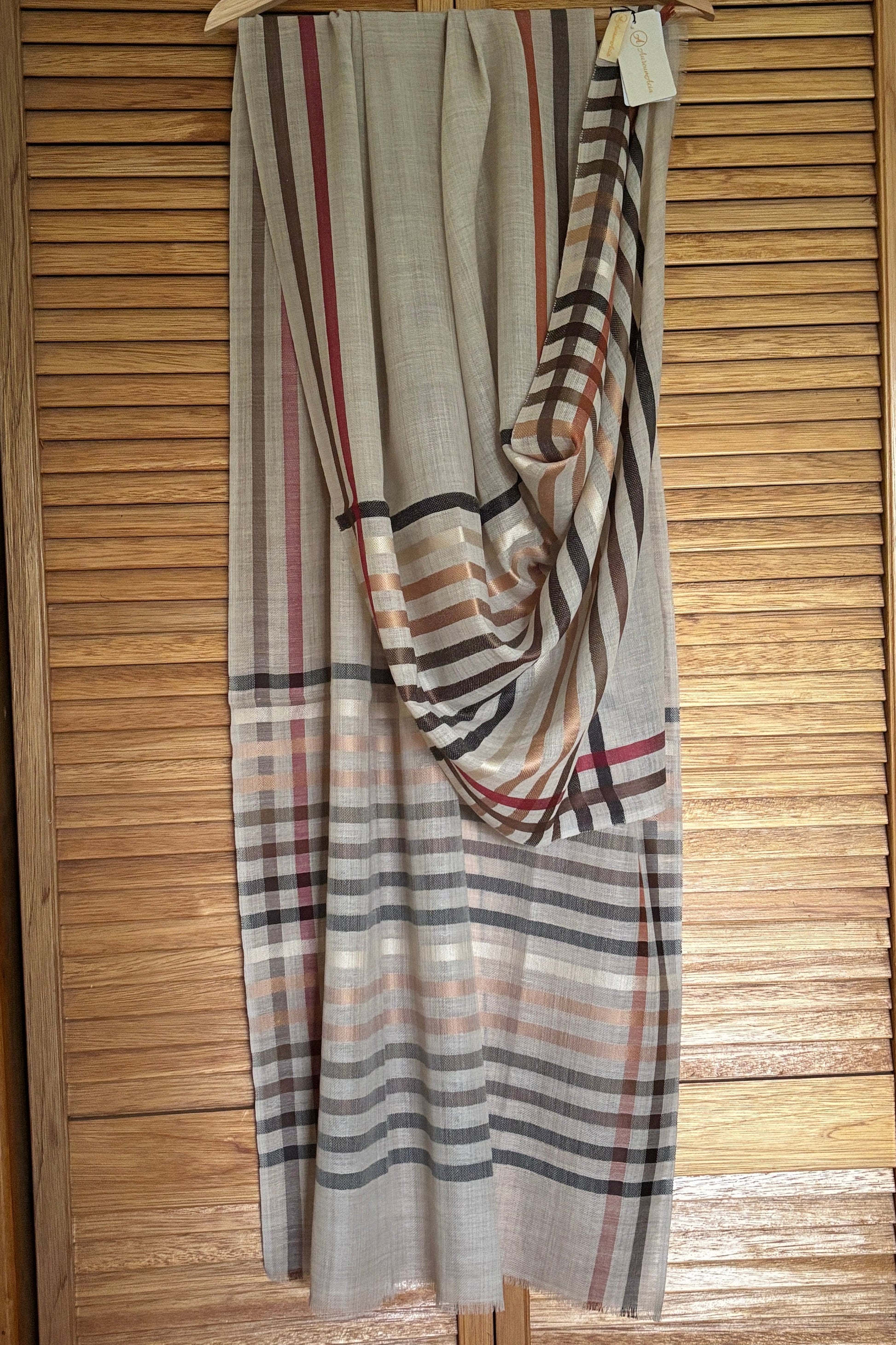 Light Brown coloured Wool-Silk Stole with Rainbow Edge