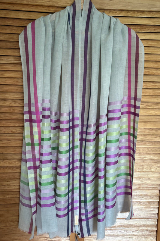 Light Blue coloured Wool-Silk Stole with Rainbow Edge