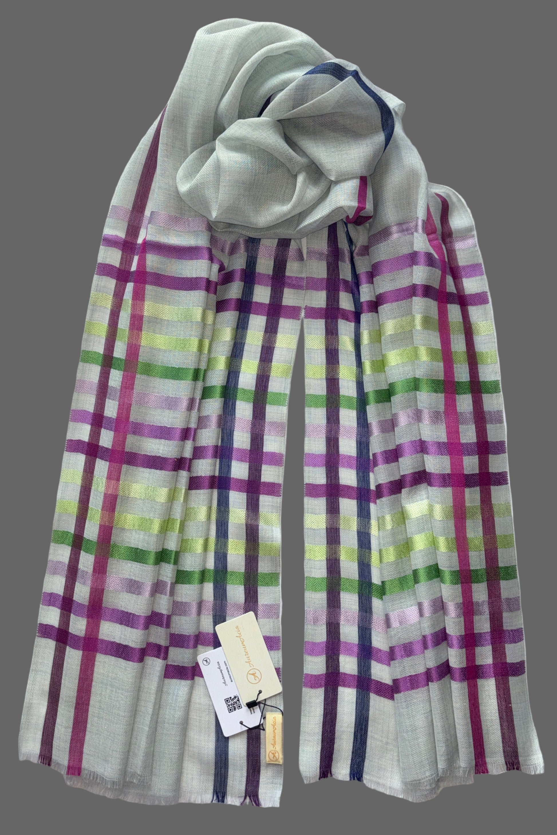 Light Blue coloured Wool-Silk Stole with Rainbow Edge