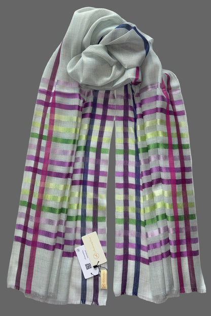 Light Blue coloured Wool-Silk Stole with Rainbow Edge