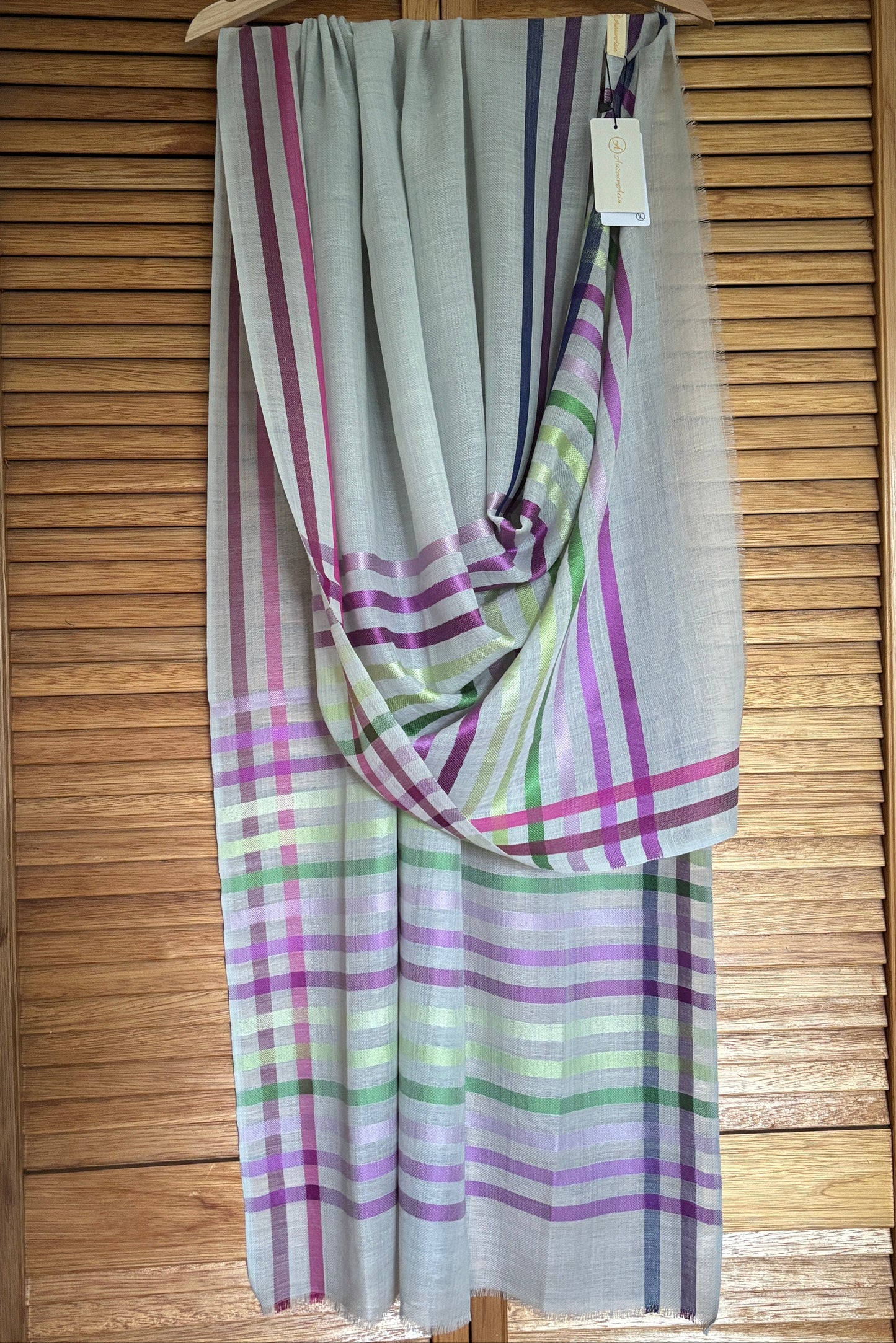 Light Blue coloured Wool-Silk Stole with Rainbow Edge