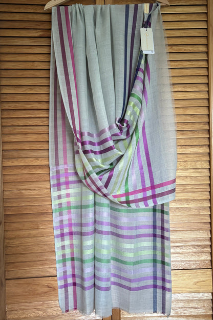 Light Blue coloured Wool-Silk Stole with Rainbow Edge