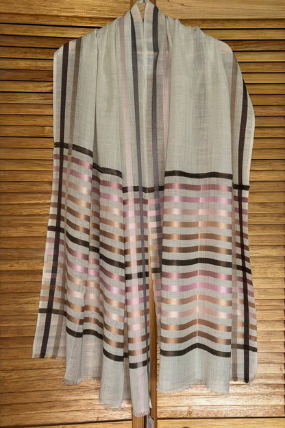 Cream coloured Wool-Silk Stole with Rainbow Edge