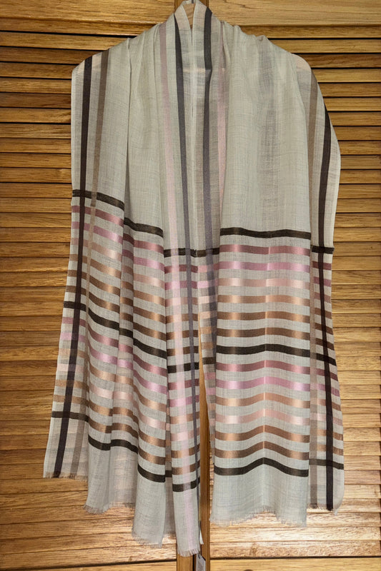 Cream coloured Wool-Silk Stole with Rainbow Edge