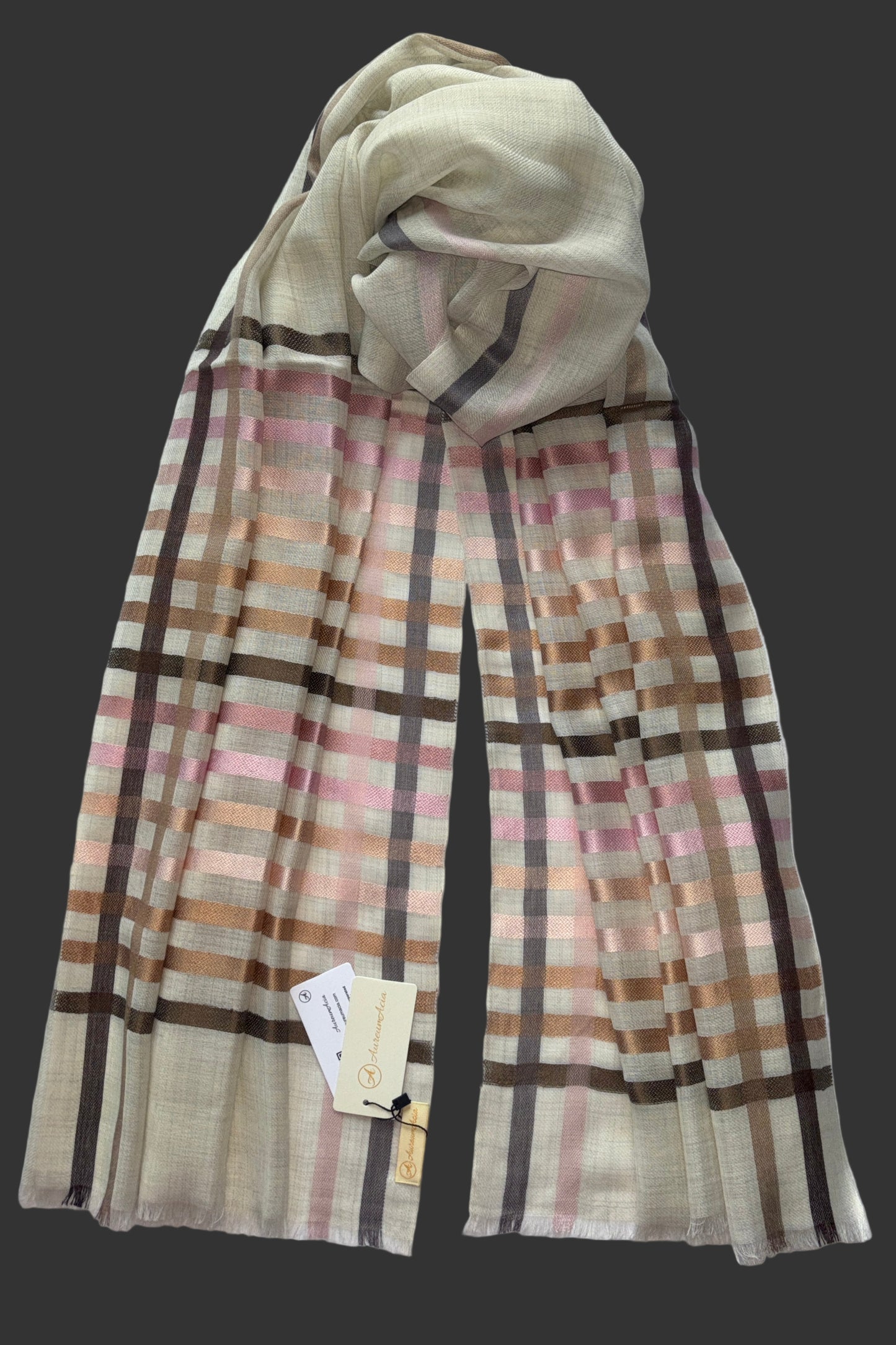 Cream coloured Wool-Silk Stole with Rainbow Edge