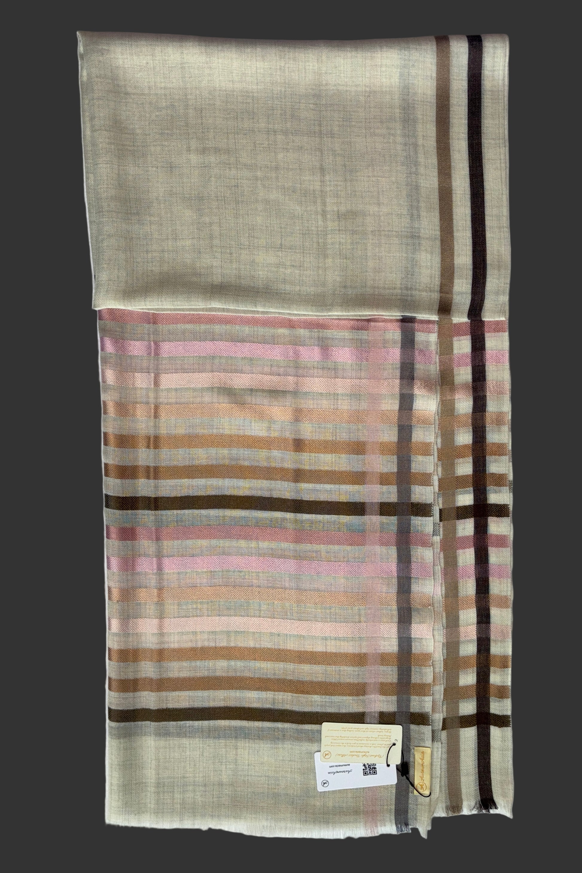 Cream coloured Wool-Silk Stole with Rainbow Edge