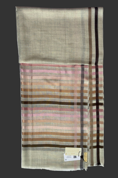 Cream coloured Wool-Silk Stole with Rainbow Edge
