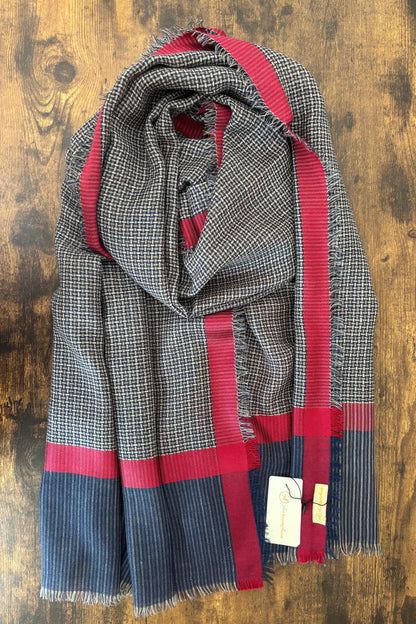Navy Blue & Maroon Wool-Silk Stole