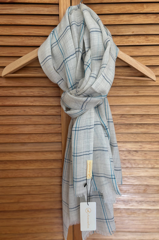 Cream Stole-Check Pattern-Blue & Grey