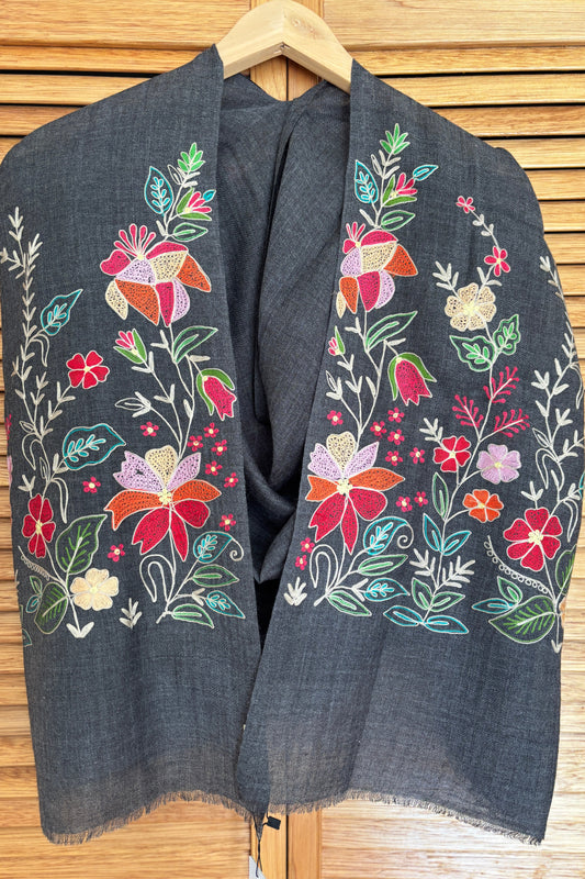 Charcoal Grey Woollen Stole with Multicolor Silk Embroidery