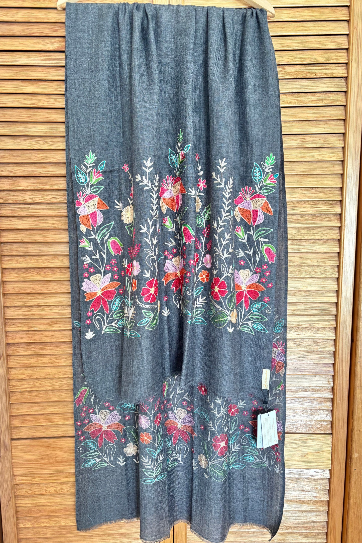 Charcoal Grey Woollen Stole with Multicolor Silk Embroidery