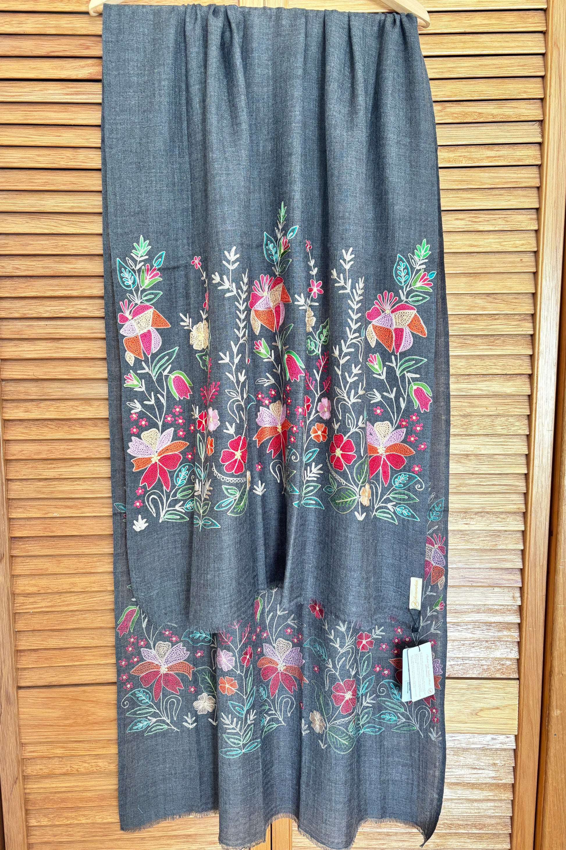 Charcoal Grey Woollen Stole with Multicolor Silk Embroidery