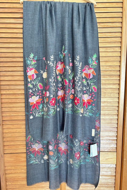 Charcoal Grey Woollen Stole with Multicolor Silk Embroidery