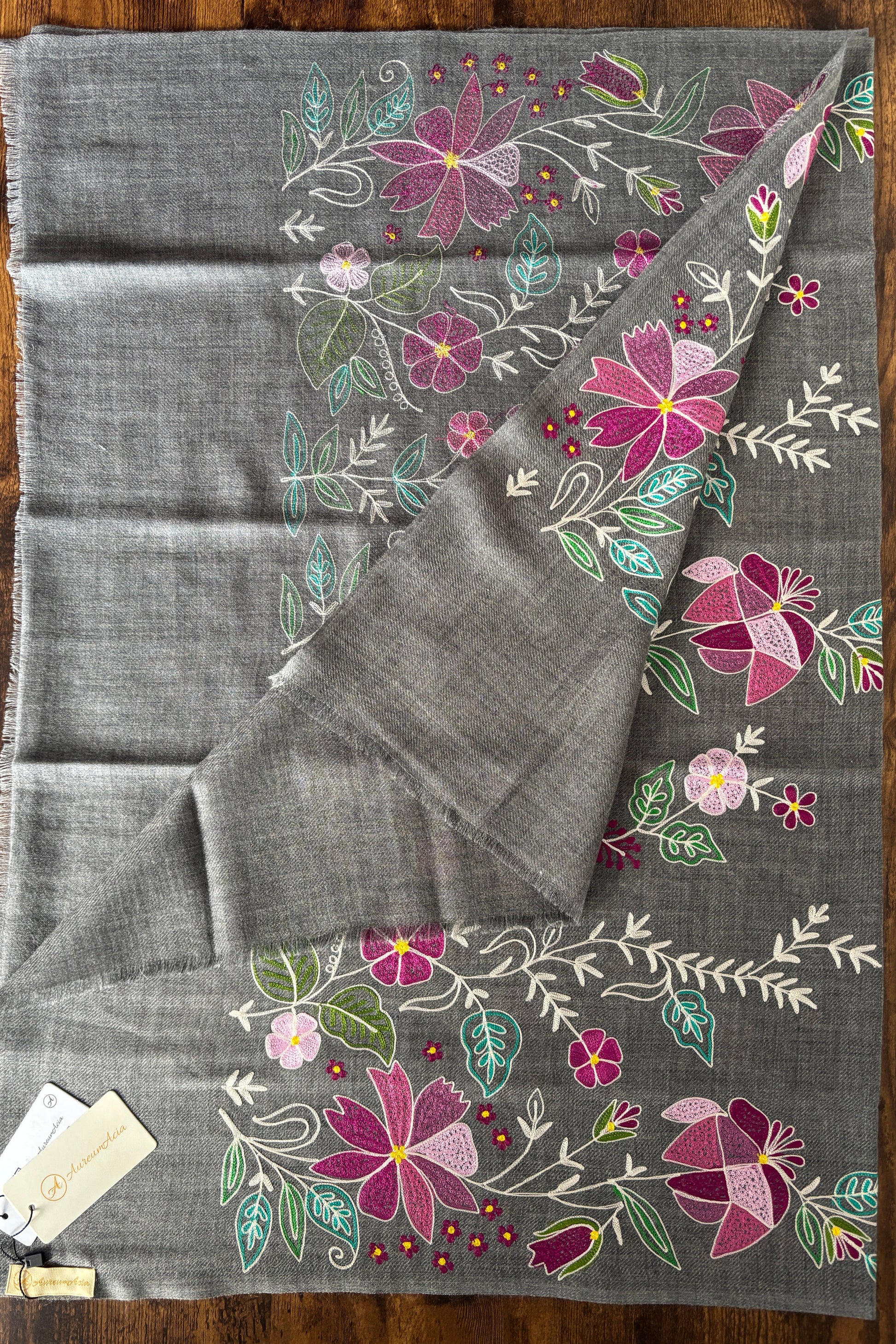 Charcoal Grey Woollen Stole with Multicolor Silk Embroidery