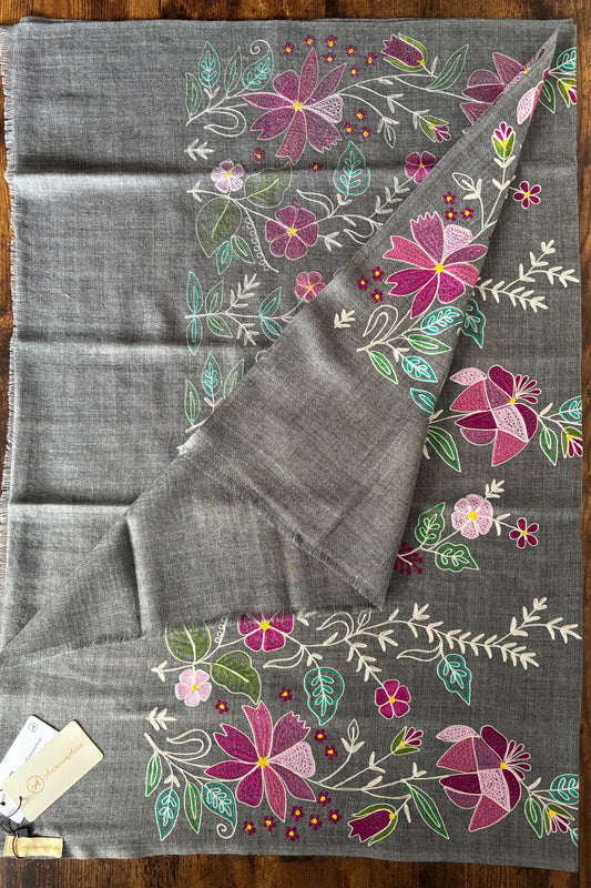 Charcoal Grey Woollen Stole with Multicolor Silk Embroidery