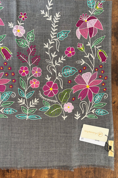 Charcoal Grey Woollen Stole with Multicolour Silk Embroidery