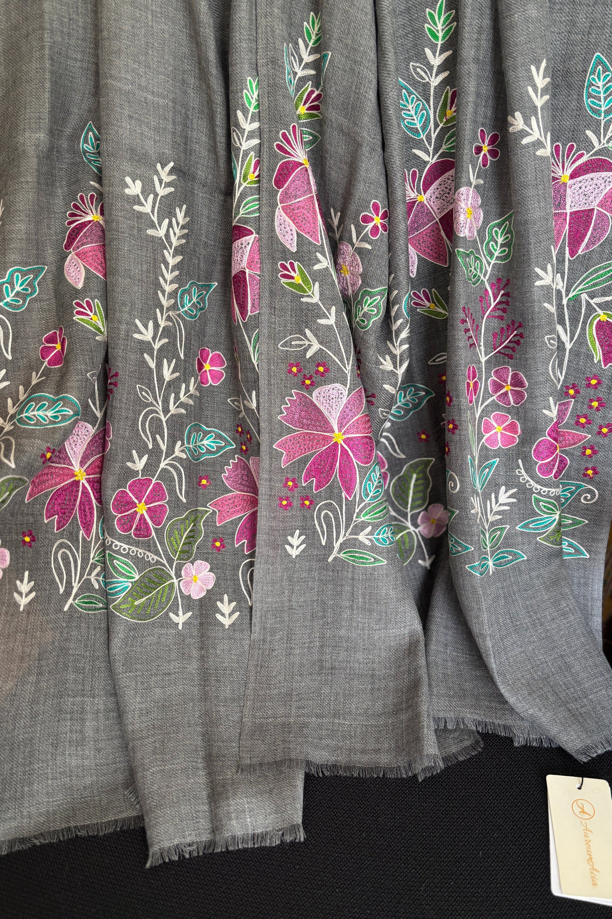 Grey Woollen Stole with Multicolor Silk Embroidery