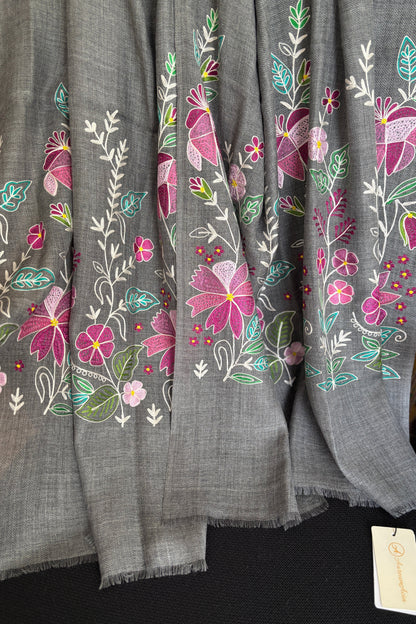 Grey Woollen Stole with Multicolor Silk Embroidery