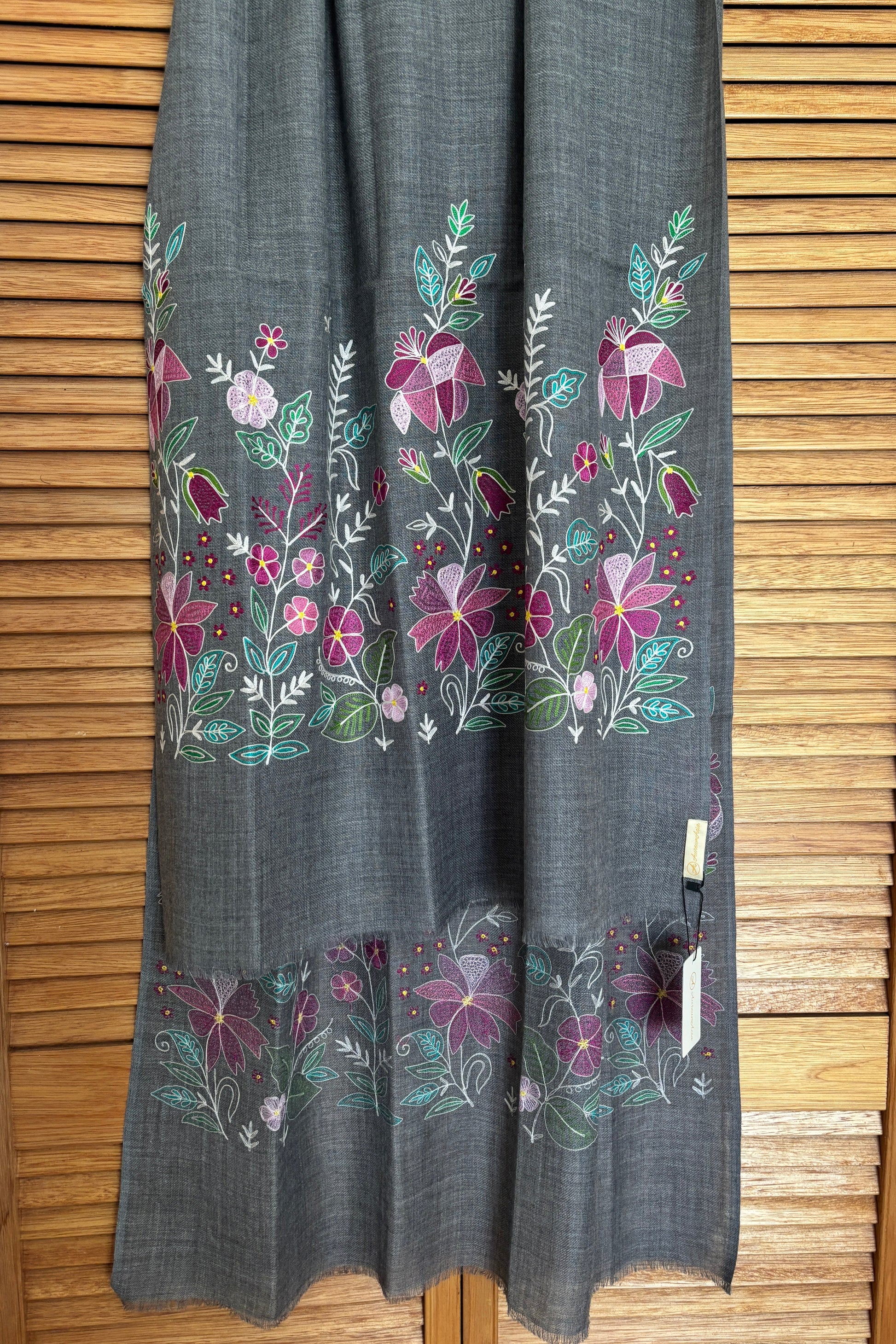 Charcoal Grey Woollen Stole with Multicolour Silk Embroidery