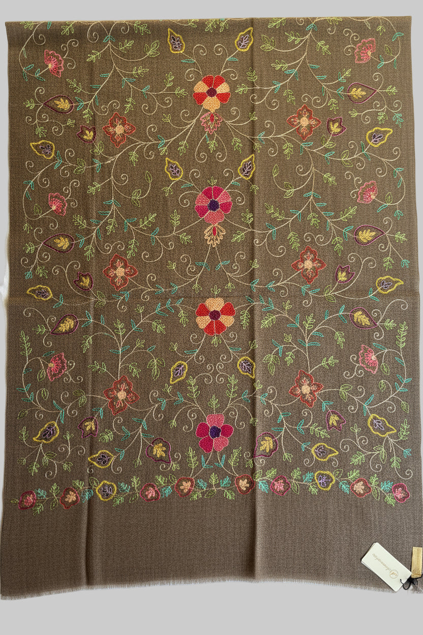 Brown Woollen Stole with Multicoloured Silk Embroidery