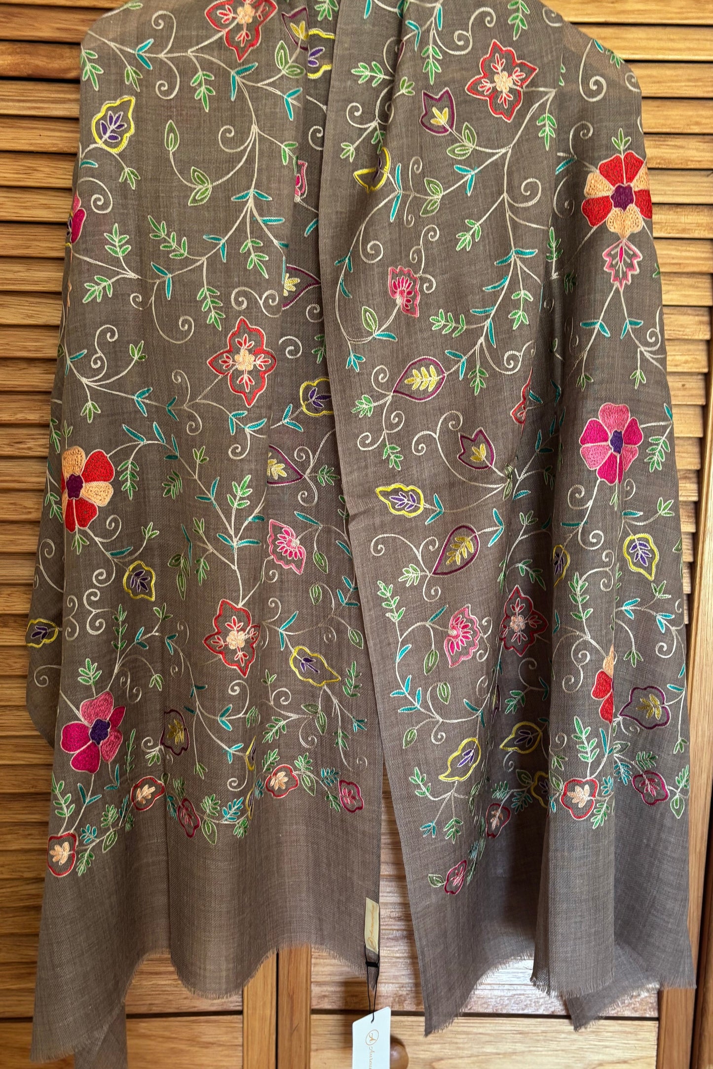 Brown Woollen Stole with Multicoloured Silk Embroidery