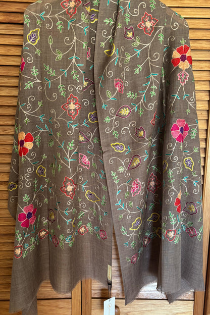 Brown Woollen Stole with Multicoloured Silk Embroidery