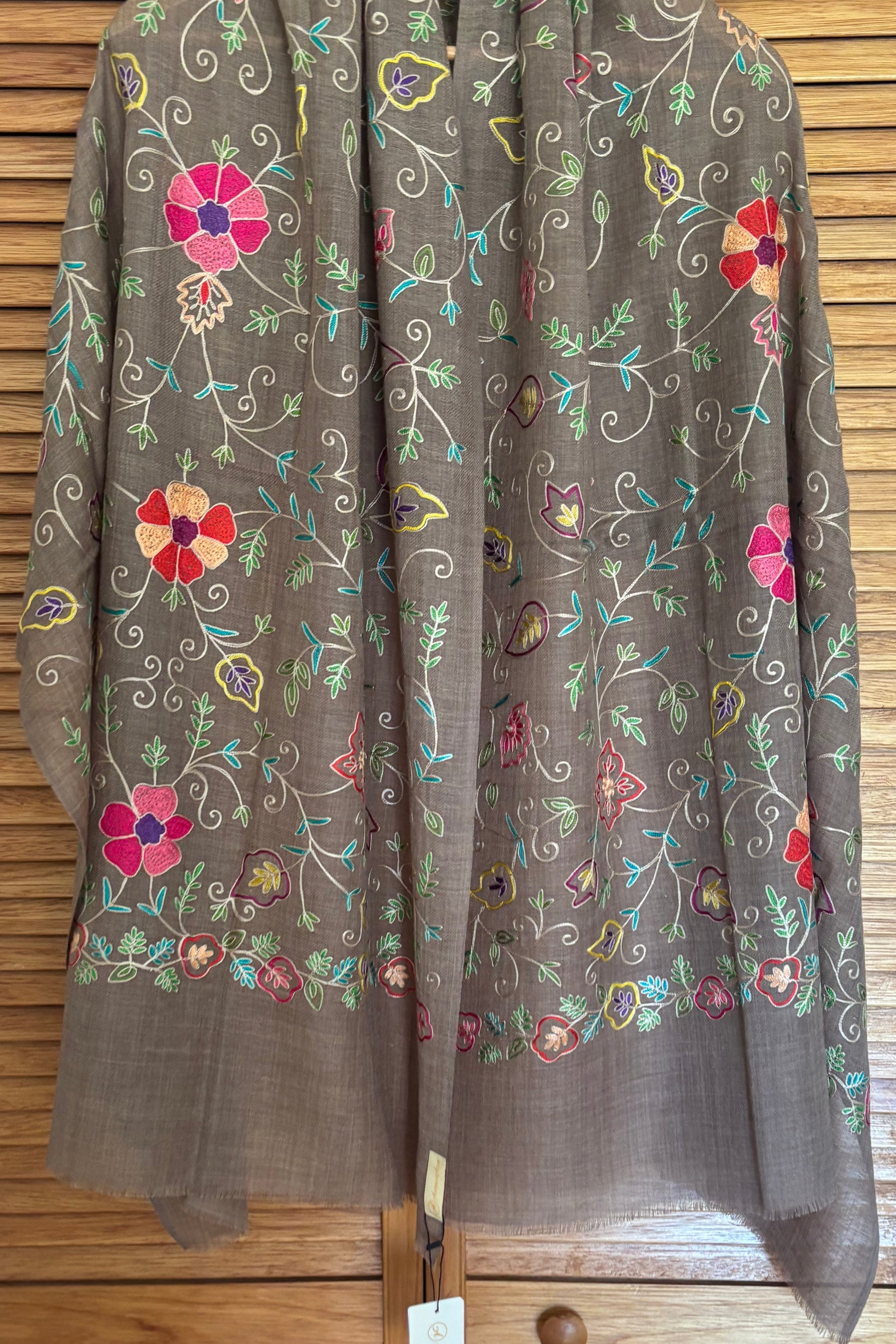 Brown Woollen Stole with Multicoloured Silk Embroidery