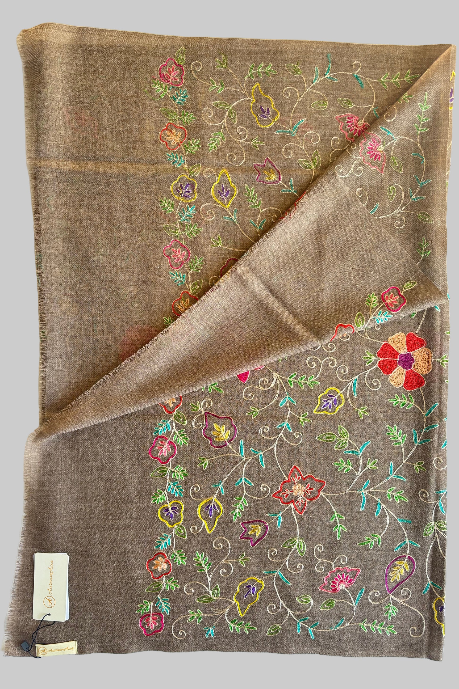 Brown Woollen Stole with Multicoloured Silk Embroidery
