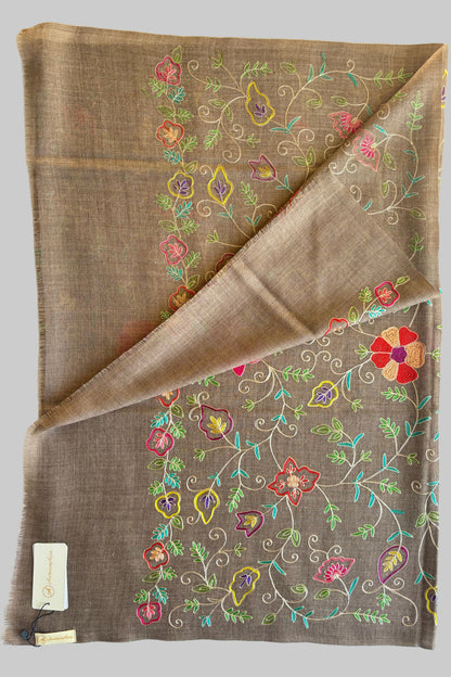 Brown Woollen Stole with Multicoloured Silk Embroidery
