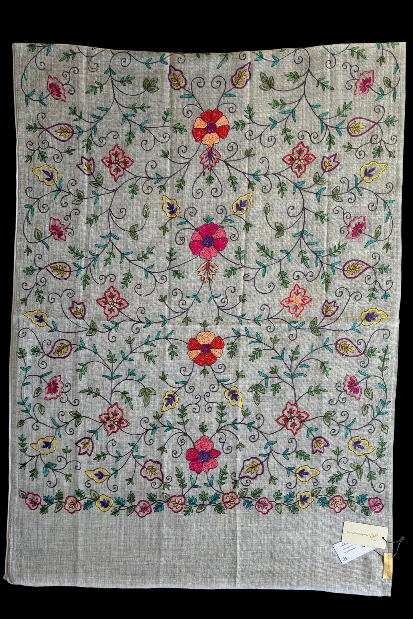 Light Grey Woollen Stole with Multicoloured Silk Embroidery