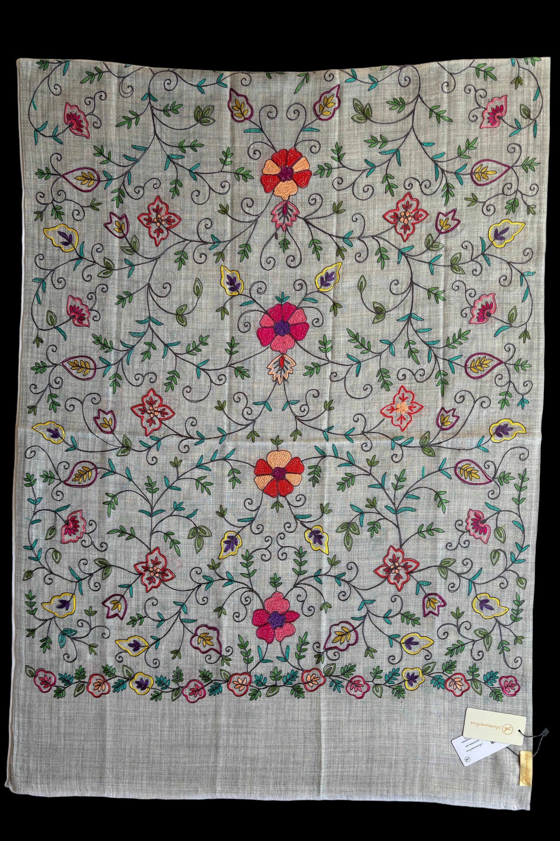 Light Grey Woollen Stole with Multicoloured Silk Embroidery