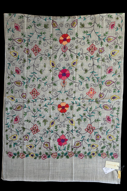 Light Grey Woollen Stole with Multicoloured Silk Embroidery
