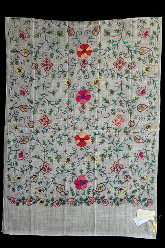 Light Grey Woollen Stole with Multicoloured Silk Embroidery
