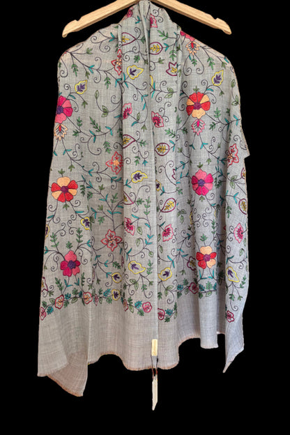 Light Grey Woollen Stole with Multicoloured Silk Embroidery