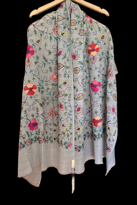 Light Grey Woollen Stole with Multicoloured Silk Embroidery