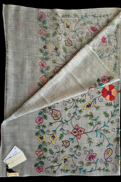 Light Grey Woollen Stole with Multicoloured Silk Embroidery
