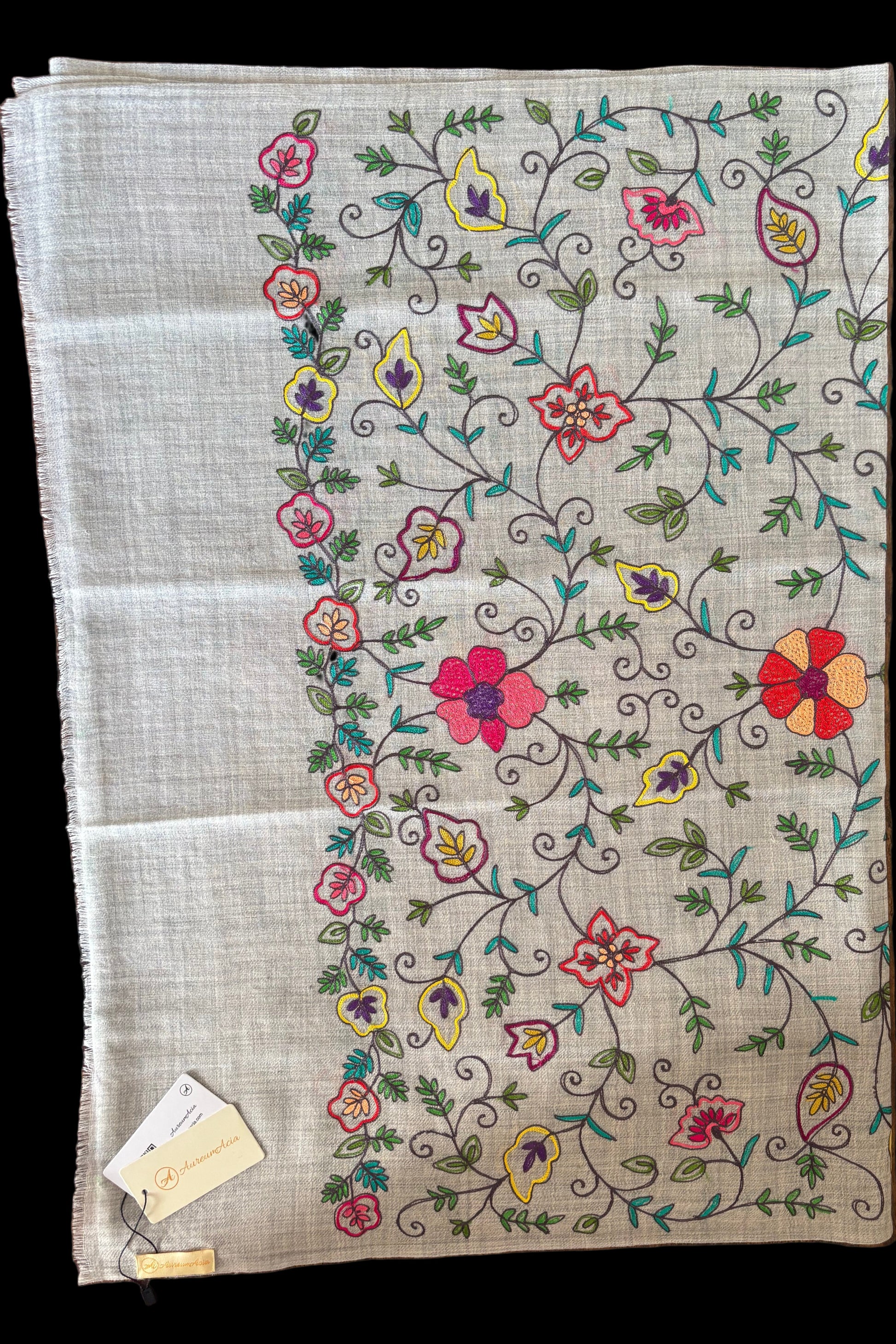 Light Grey Woollen Stole with Multicoloured Silk Embroidery