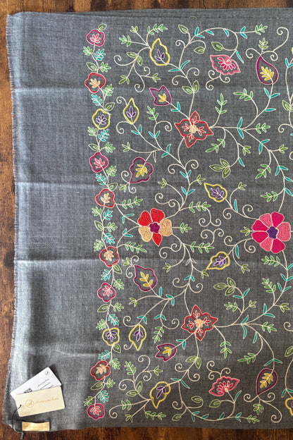 Dark Grey Woollen Stole with Multicoloured Silk Embroidery
