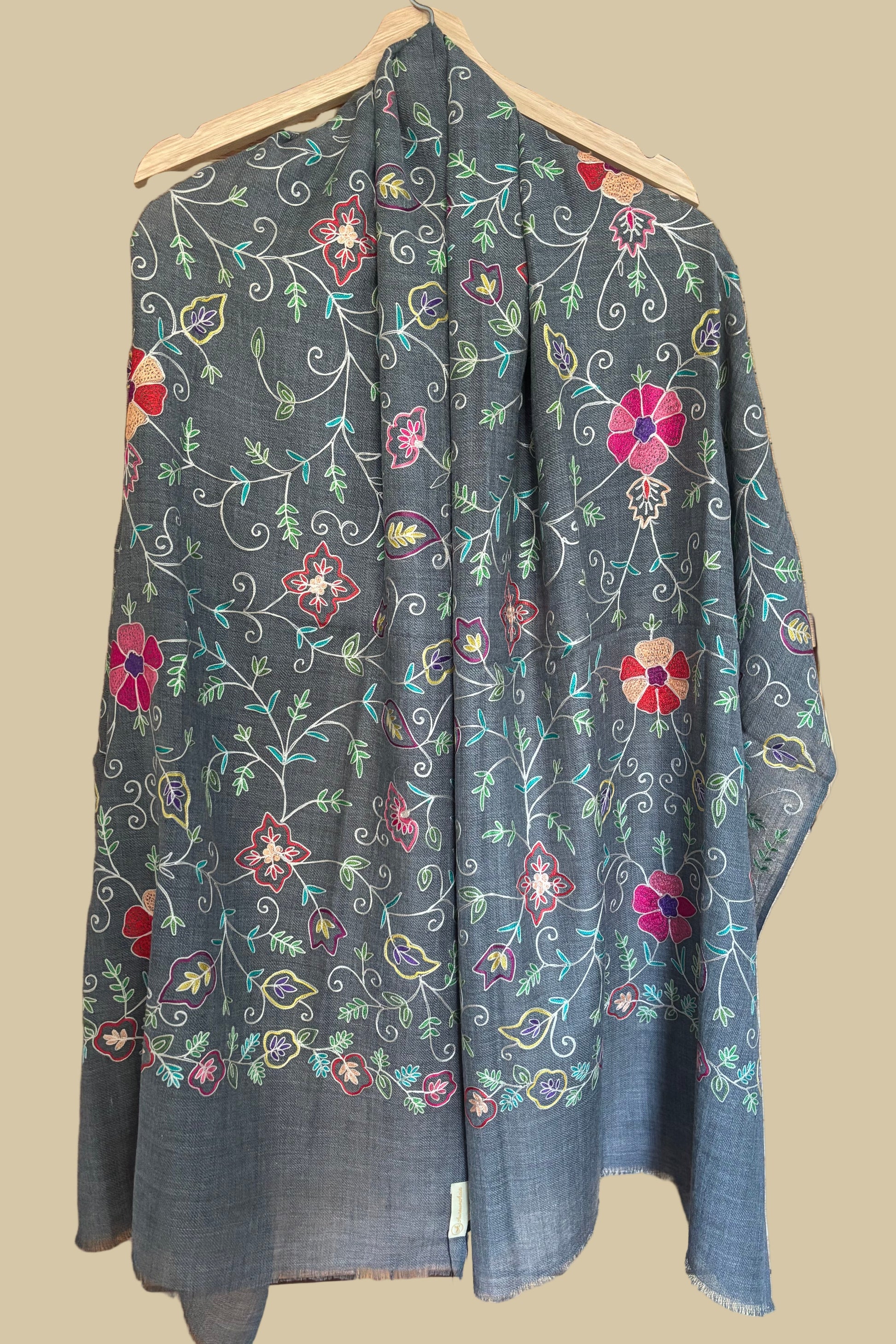 Dark Grey Woollen Stole with Multicoloured Silk Embroidery